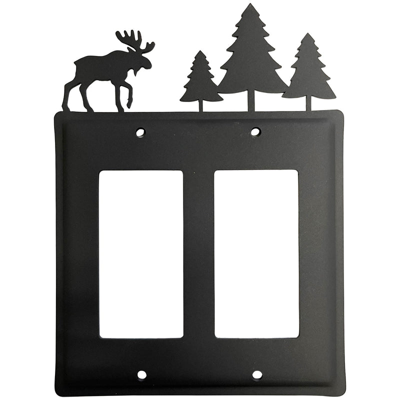 Double Moose & Pine Trees Double GFI Cover features a black metal wall plate with moose and pine tree silhouettes. Ideal for rustic cabin decor.