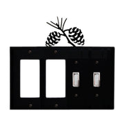 Custom Quad Pinecone switch cover plate with dual GFI and two toggle switch openings, black metal with pinecone design on top.