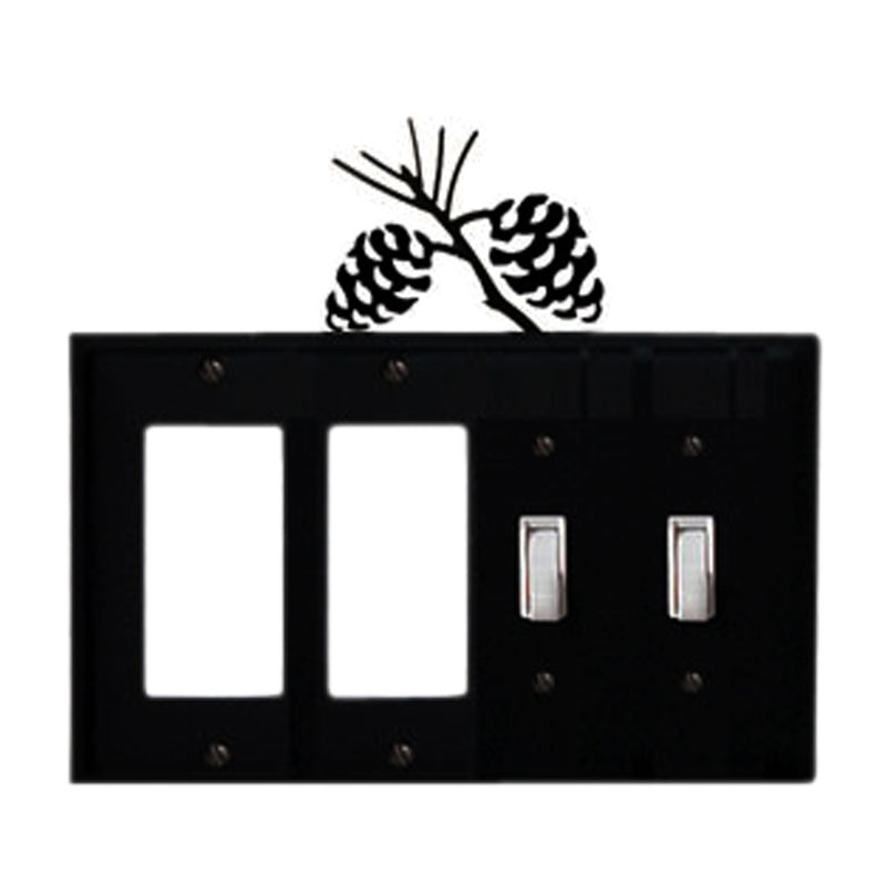 Custom Quad Pinecone switch cover plate with dual GFI and two toggle switch openings, black metal with pinecone design on top.