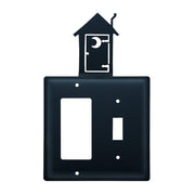 Double Outhouse Single GFI and Switch Cover CUSTOM Product in black metal with decorative outhouse silhouette, ideal for rustic home decor.