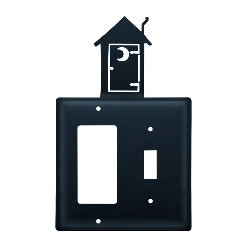 Double Outhouse Single GFI and Switch Cover CUSTOM Product in black metal with decorative outhouse silhouette, ideal for rustic home decor.