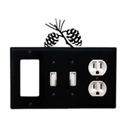 Custom pinecone outlet cover with quad GFI double switch and single outlet layout in black metal, featuring decorative pinecone design on top.