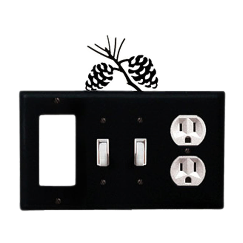 Custom pinecone outlet cover with quad GFI double switch and single outlet layout in black metal, featuring decorative pinecone design on top.