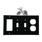 Black custom pinecone wall plate with quad switch and outlet cutouts, includes pinecone silhouette accent for rustic decor appeal.