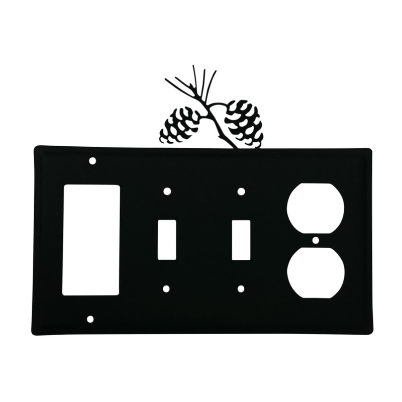 Black custom pinecone wall plate with quad switch and outlet cutouts, includes pinecone silhouette accent for rustic decor appeal.