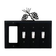 Custom Pinecone switch cover with GFI and triple switch layout in black metal, featuring decorative pinecone design on top. Measures 8.25x6.875 inches.
