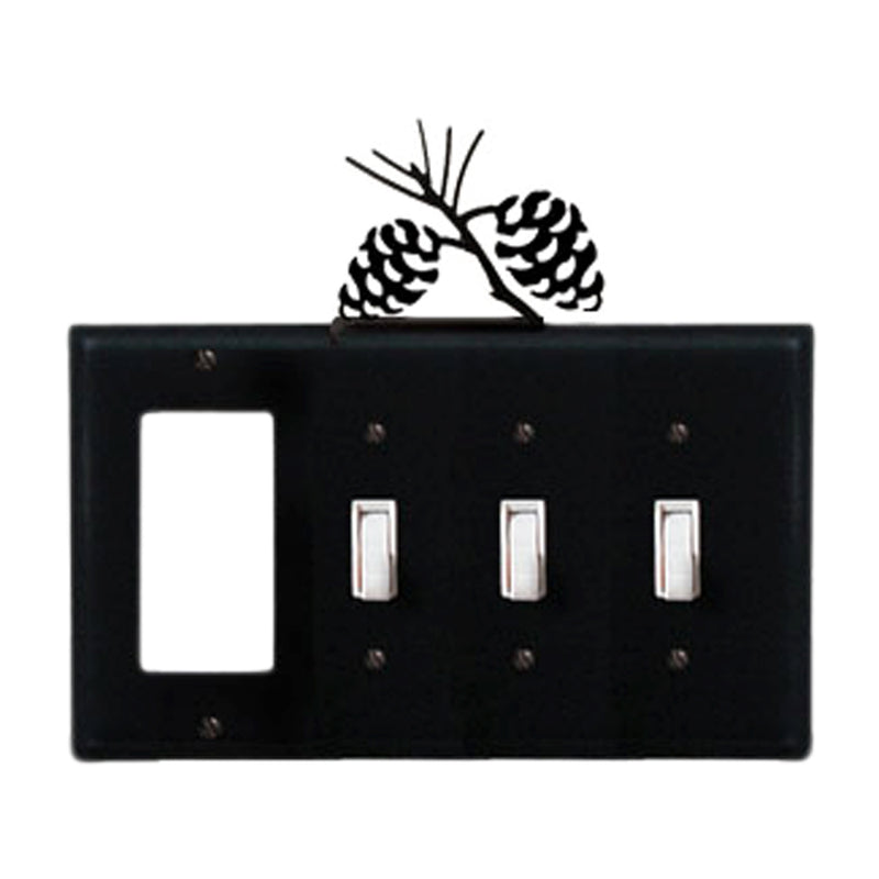 Custom Pinecone switch cover with GFI and triple switch layout in black metal, featuring decorative pinecone design on top. Measures 8.25x6.875 inches.