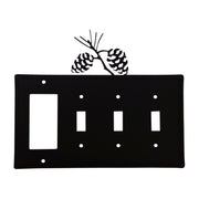 Black metal Custom Pinecone switch cover with cutouts for GFI and three switches, topped with pinecone silhouette. Ideal for rustic home decor.