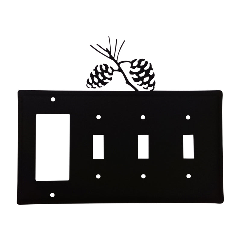 Black metal Custom Pinecone switch cover with cutouts for GFI and three switches, topped with pinecone silhouette. Ideal for rustic home decor.