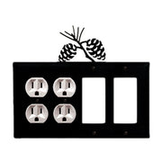 Custom double outlet cover with pinecone design in black metal, featuring two GFI slots and four outlet openings for rustic home decor.
