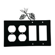 Uninstalled custom double outlet cover in black with pinecone design, showing cutouts for four outlets and two GFI switches.