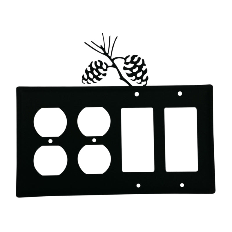 Uninstalled custom double outlet cover in black with pinecone design, showing cutouts for four outlets and two GFI switches.