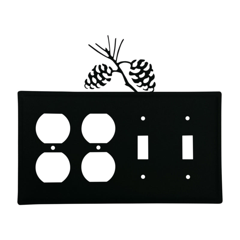 Custom Quad Pinecone Outlet and Switch Cover in matte black with pinecone design, fits 4 outlets and 2 switches, ideal for rustic decor.