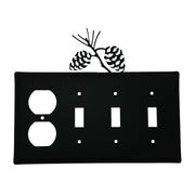 Quad pinecone outlet switch cover in matte black with custom pinecone design, fits one outlet and three switches, ideal for rustic home décor.