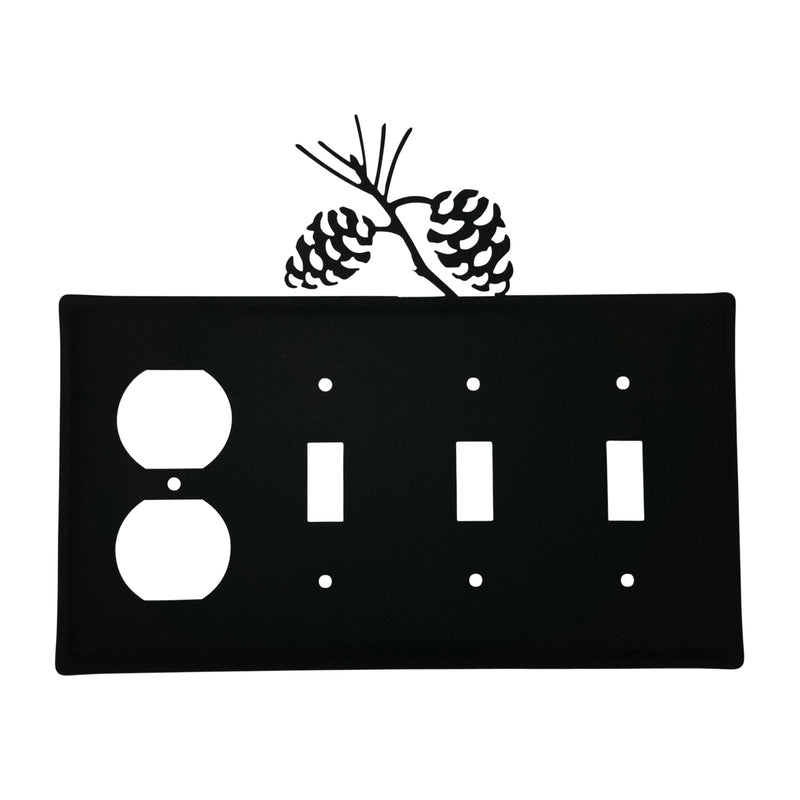Quad pinecone outlet switch cover in matte black with custom pinecone design, fits one outlet and three switches, ideal for rustic home décor.