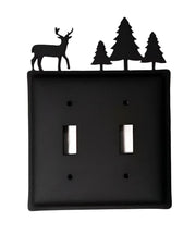 Double Deer w Trees Switch Cover Double features a matte black metal design with deer and pine tree silhouettes, ideal for rustic home decor.