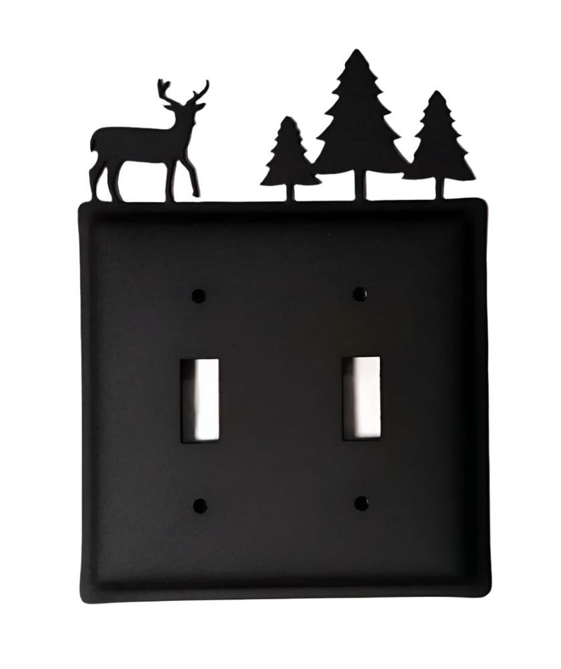 Double Deer w Trees Switch Cover Double features a matte black metal design with deer and pine tree silhouettes, ideal for rustic home decor.