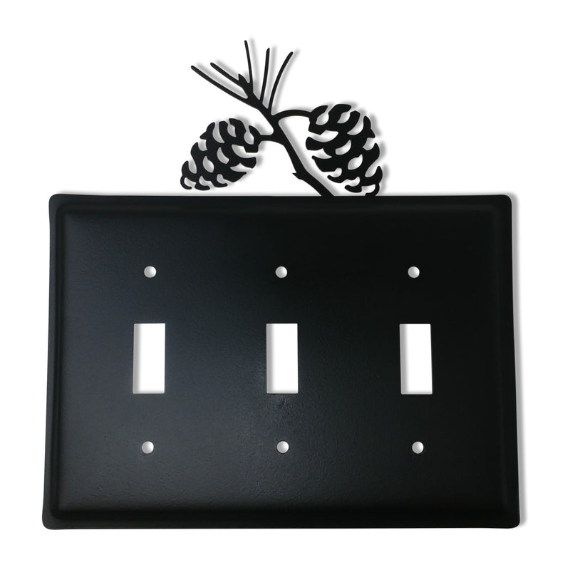 Triple Pinecone Switch Cover in matte black with decorative pinecone design, fits standard outlets, 6.5x6.8 inches wall plate.