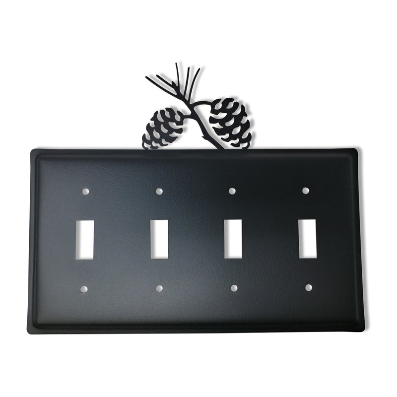 Quad Pinecone Switch Cover with decorative pinecone design on top, fits four switches, measures 8 1/4" W x 6 7/8" H, ideal for rustic decor.