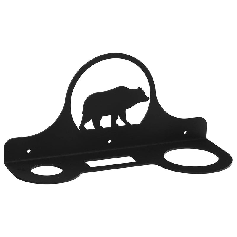 Bear Hair Dryer Rack Holder in black metal with cutout bear design, featuring 1.5 in round and 2.5x1 in rectangular openings for compact storage.