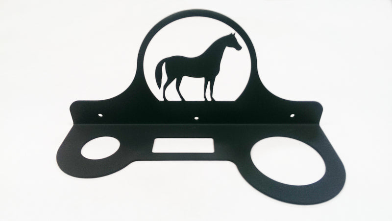 Wall-mounted Efficient Horse Dryer Rack featuring horse cutout and multiple slots for organizing horse hair dryers and accessories.