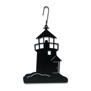 Lighthouse Silhouette Decor - Hanging Silhouette in black metal with hook, ideal for home or garden wall display, measuring 10 3/4 x 15 3/4 inches.