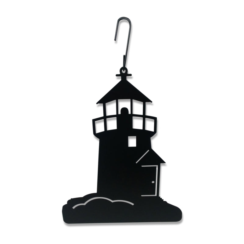 Lighthouse Silhouette Decor - Hanging Silhouette in black metal with hook, ideal for home or garden wall display, measuring 10 3/4 x 15 3/4 inches.