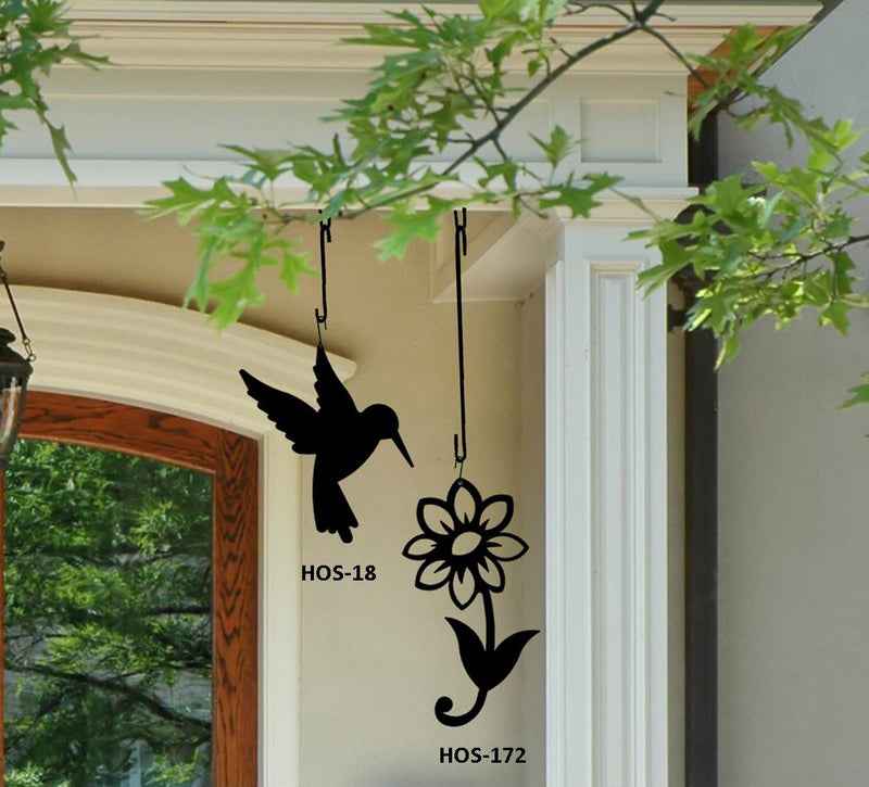 Shasta Daisy Hanging Silhouette - Elegant Decor displayed on a porch with hook, paired with hummingbird silhouette for outdoor hanging décor.