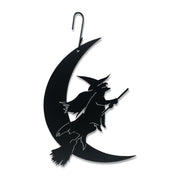 Witch Moon Hanging Decor - Silhouette features a black metal witch on broomstick over crescent moon, 11" W x 16.75" H with top hook for easy hanging.