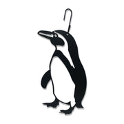 Penguin Hanging Silhouette Decor in black metal with hook, ideal for stylish indoor or outdoor home décor display. Measures 9 5/8"W x 16 1/2"H.