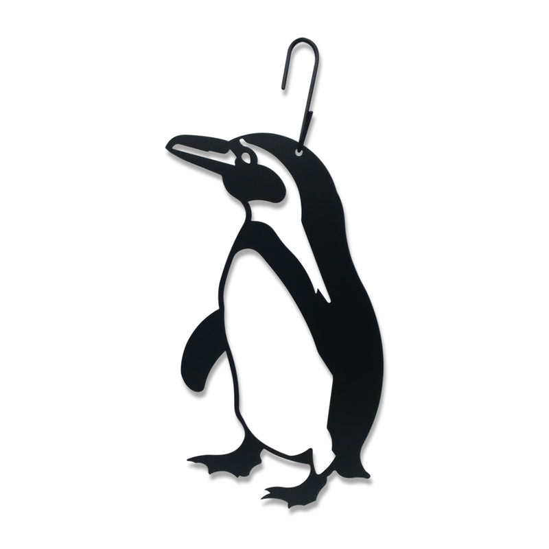 Penguin Hanging Silhouette Decor in black metal with hook, ideal for stylish indoor or outdoor home décor display. Measures 9 5/8"W x 16 1/2"H.