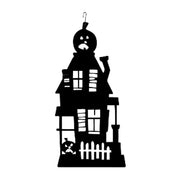 Haunted House Silhouette - Decoration | 7x17 Inches hanging décor featuring a spooky black haunted house with pumpkin top, ideal for Halloween themes.