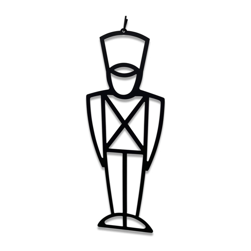 Toy Soldier Decorative Hanging Silhouette in black metal, ideal for holiday-themed home or garden décor. Features a minimalist soldier design.