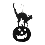 Cat Pumpkin Hanging Decor - Silhouette features a black metal cutout of a cat standing on a jack-o'-lantern. Ideal for autumn or Halloween décor.