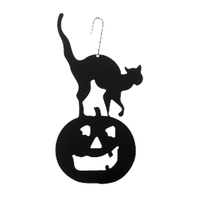 Cat Pumpkin Hanging Decor - Silhouette features a black metal cutout of a cat standing on a jack-o'-lantern. Ideal for autumn or Halloween décor.