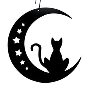 Cat & Moon Decorative Hanging Silhouette featuring a black cat sitting on a crescent moon with star cutouts. Ideal for autumn outdoor or indoor décor.