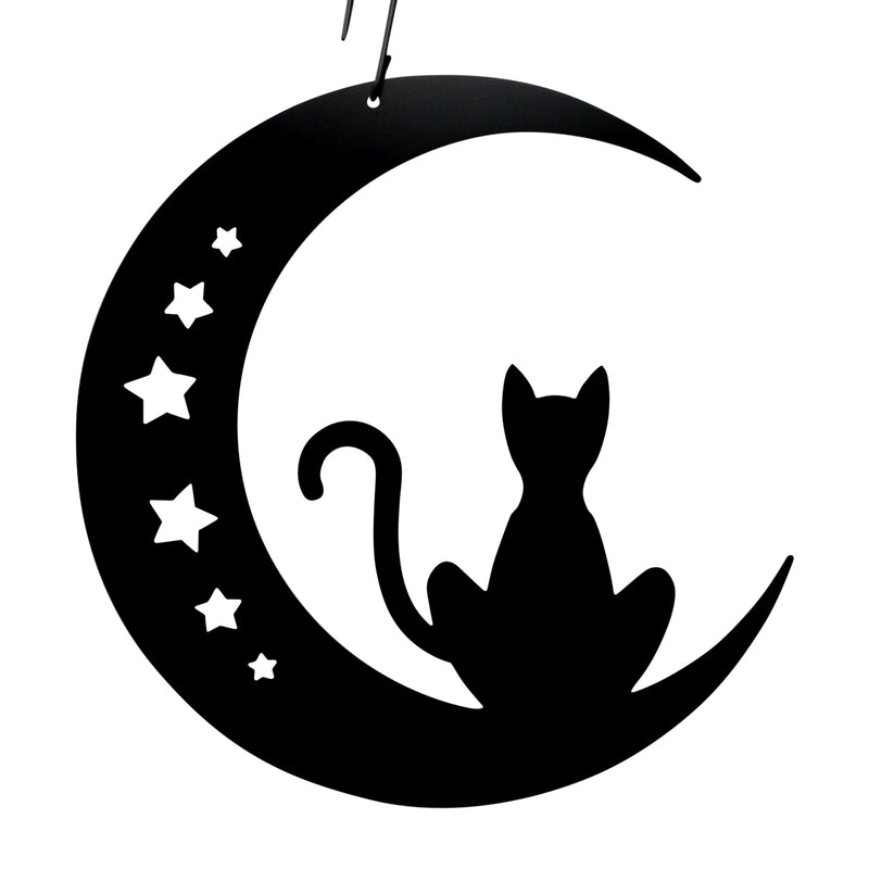 Cat & Moon Decorative Hanging Silhouette featuring a black cat sitting on a crescent moon with star cutouts. Ideal for autumn outdoor or indoor décor.