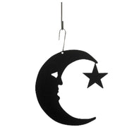 Moon and Star Decorative Hanging Silhouette in black metal, featuring a crescent moon with a face and a star, ideal for autumn outdoor décor.