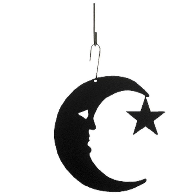 Moon and Star Decorative Hanging Silhouette in black metal, featuring a crescent moon with a face and a star, ideal for autumn outdoor décor.