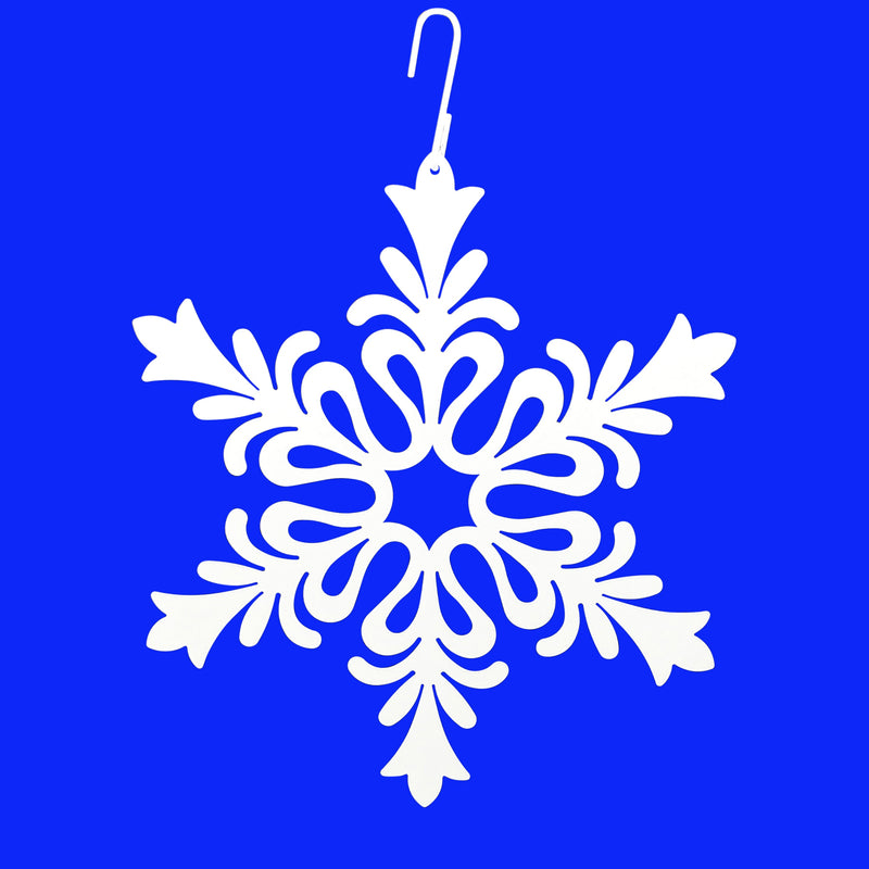 Snowflake Floral Design WHITE hanging décor with intricate cutout pattern, ideal for winter-themed home and garden decoration.