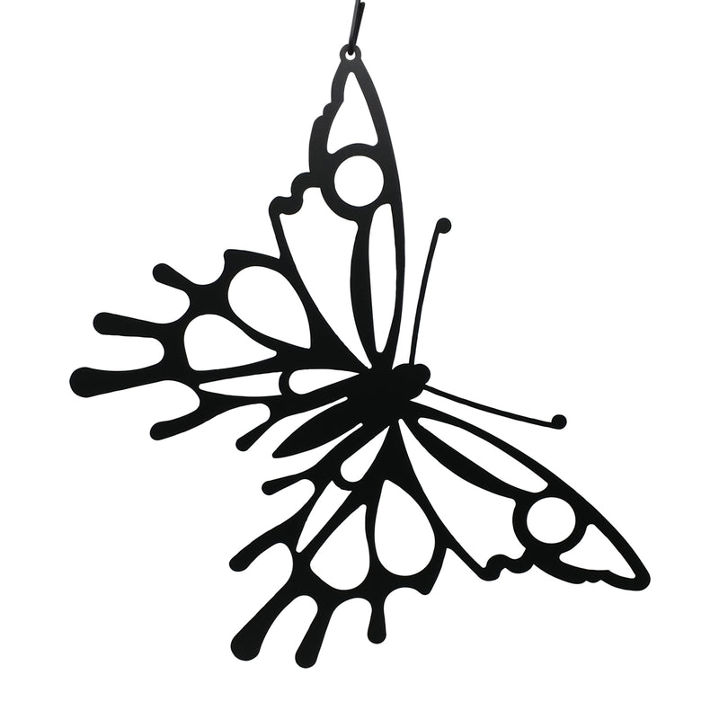 Butterfly silhouette decoration wall hanging in black metal with intricate cutout design, ideal for home or garden décor accents.