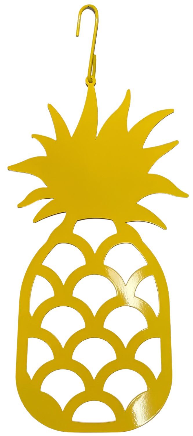 Pineapple Decorative Hanging Silhouette YELLOW 14.5" features a vibrant yellow metal pineapple cutout with hook, ideal for tropical-themed home décor.