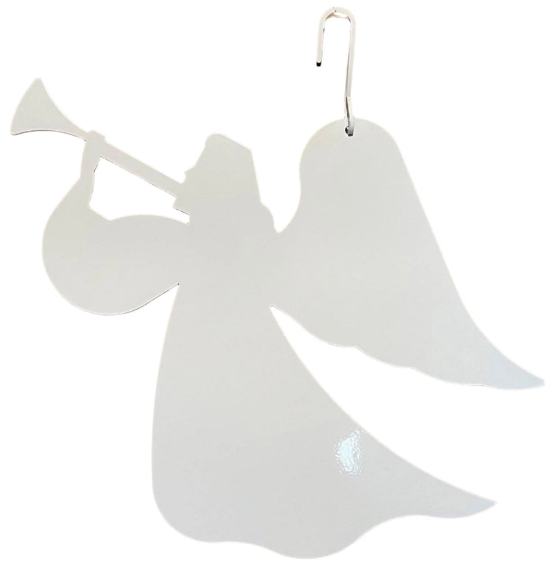 White Angel with Trumpet Hanging Silhouette for Christmas decorations, ideal for outdoor or indoor holiday décor in Home & Garden category. Features a glossy finish and metal hook for easy hanging.