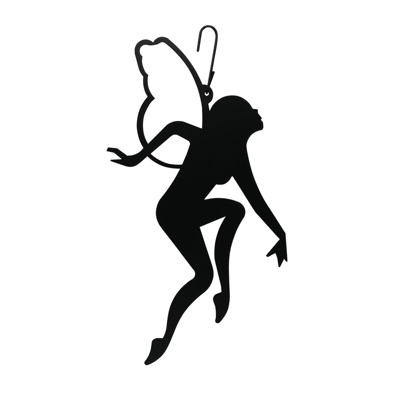 Garden Fairy Silhouette - Hanging Decoration in black metal, features a whimsical fairy with wings and hook for easy outdoor garden display.