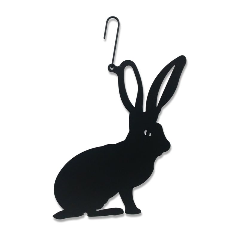 Rabbit Hanging Silhouette - Wall Decor in matte black metal with hook, ideal for home or garden decorative plaques, 12x16.5 inches.