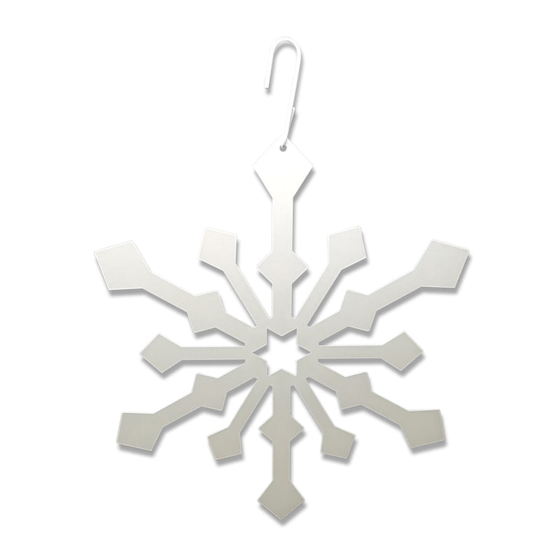 Snowflake Decorative Hanging Silhouette in metallic finish with top hook, ideal for holiday décor in home and garden settings.