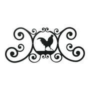 Rooster Door Plaque - Stylish Decor featuring a black metal silhouette of a rooster with ornate scrollwork, ideal for rustic home entrances.