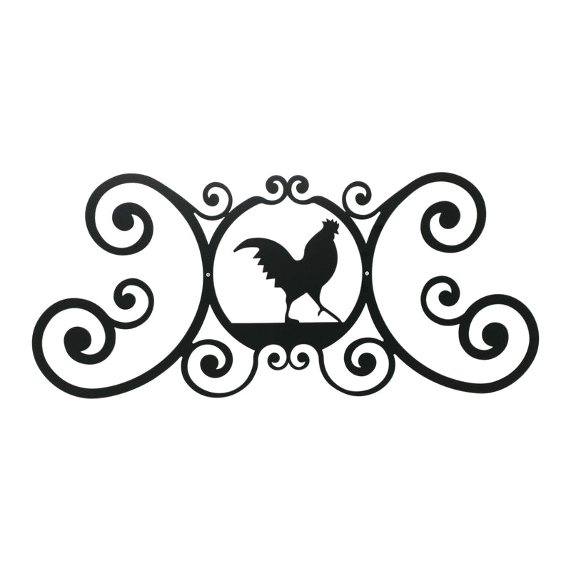 Rooster Door Plaque - Stylish Decor featuring a black metal silhouette of a rooster with ornate scrollwork, ideal for rustic home entrances.