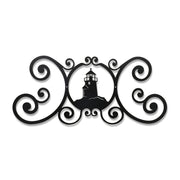 Lighthouse Plaque - Over Door Plaque | 24x11x3/64 In. features a black metal silhouette of a lighthouse with ornate scrollwork, ideal for home decor.