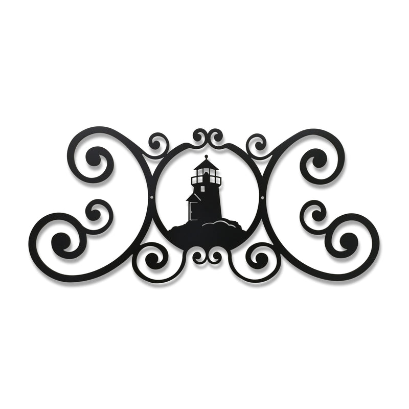 Lighthouse Plaque - Over Door Plaque | 24x11x3/64 In. features a black metal silhouette of a lighthouse with ornate scrollwork, ideal for home decor.